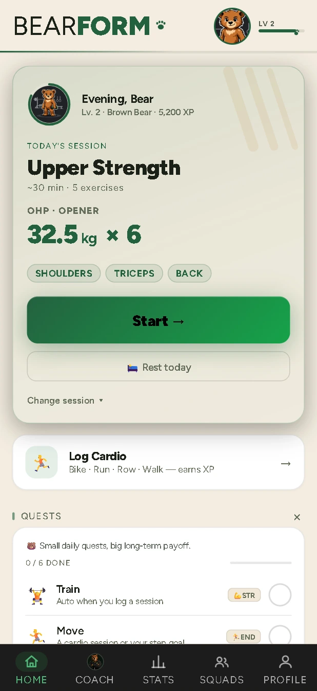 BearForm home screen